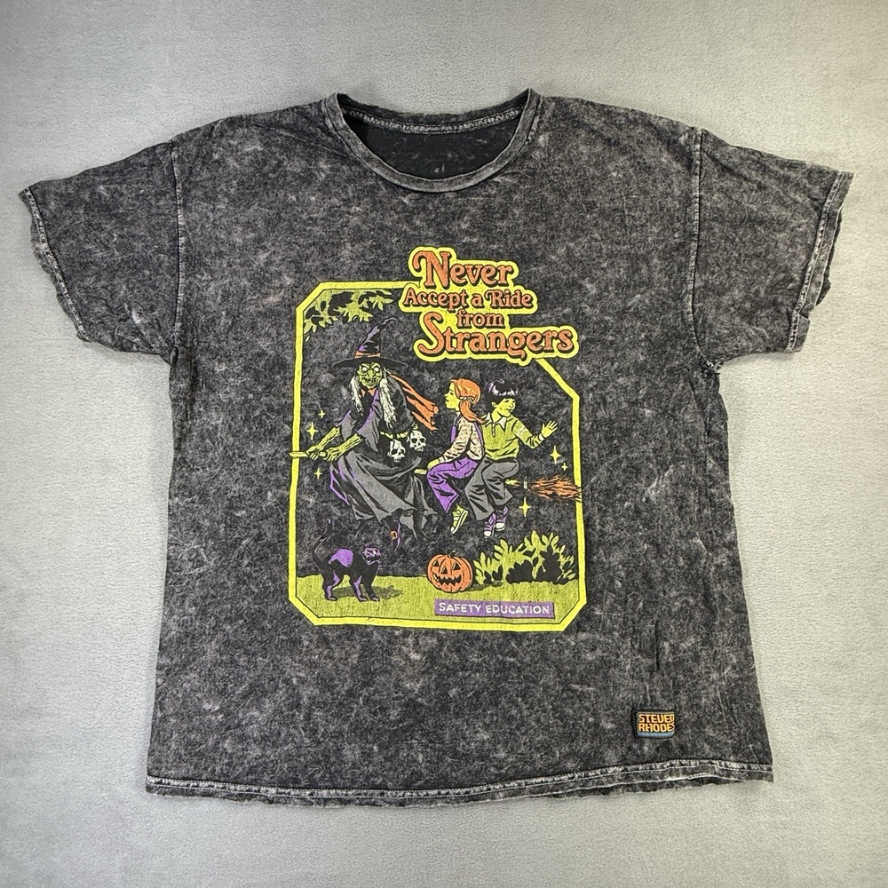 Steven Rhodes T-Shirt Size Large "Never Ride With Strangers" Acid Wash Gray